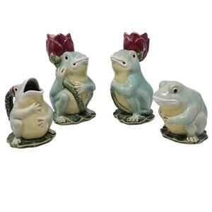 Lot of 4 Majolica Frog Two Candlesticks Cream Sugar Chinese Ceramic Glazed
